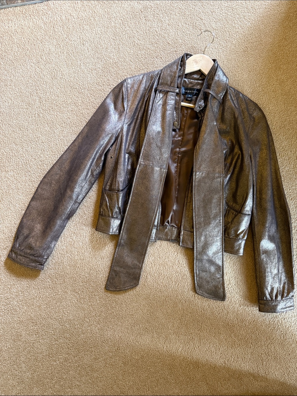 Women's Metallic Brown Leather Jacket with Neck Tie